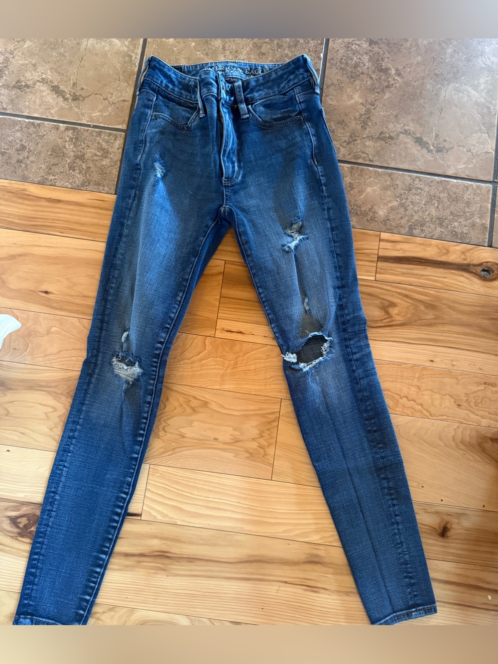 American Eagle Outfitters Women's High Rise Distressed Dark Blue Jeans